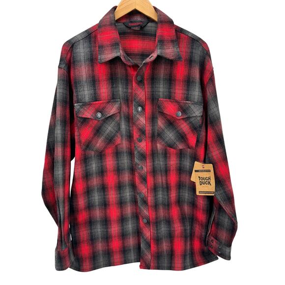 Tough Duck Shirt Mens Large Red Gray Heavy Duty Cotton Flannel Snap Up NEW - Picture 1 of 8